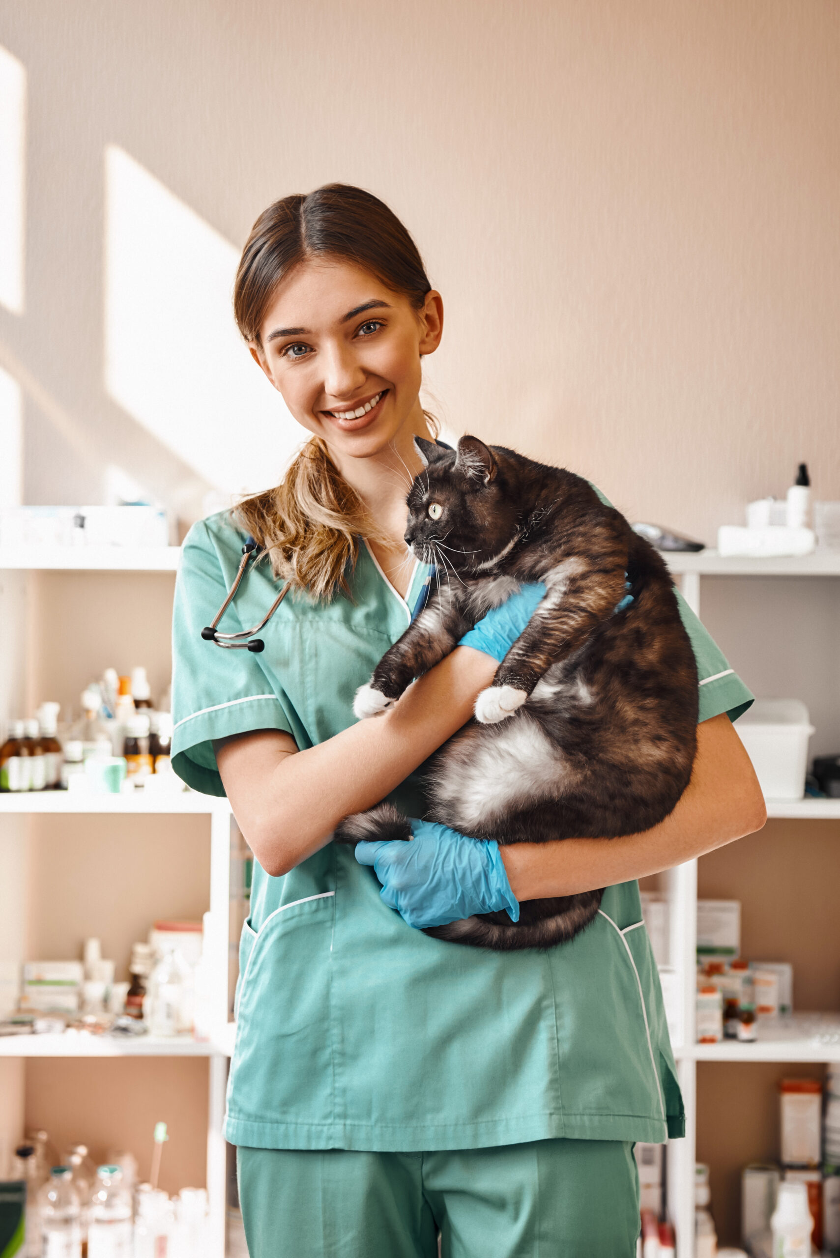 I love each of my patients! Smiling female vet holding a big black fluffy cat in her hands, smiling and looking at camera while standing in veterinary clinic. Pet care concept. Medicine concept. Animal hospital